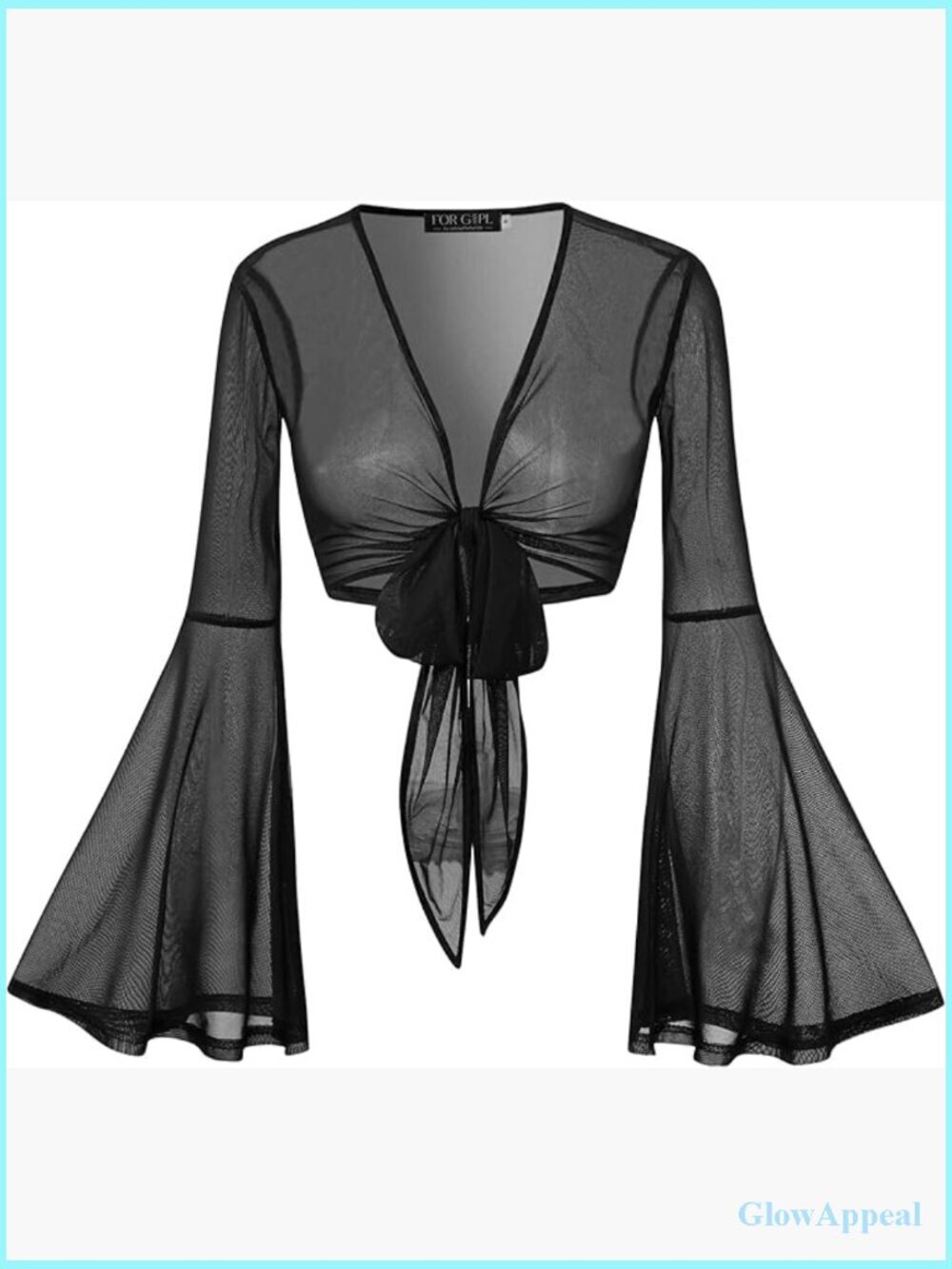 Tie Front Bell Sleeve Crop Top Floral Hippie Mesh Sheer Shirt